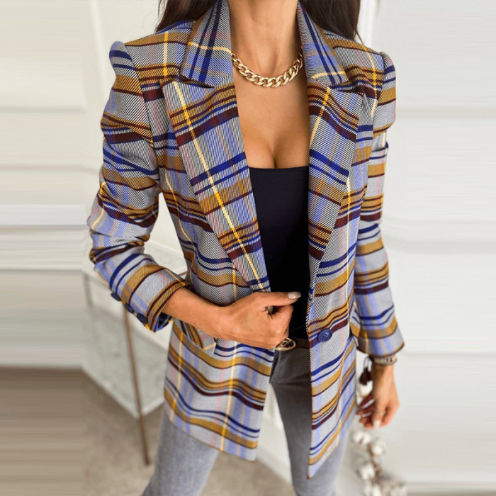 Women Printing Plaid Blazers Notched Single Button Slim Blazer Long Sleeve Pockets Office Lady Tops Elegant Casual Autumn Winter