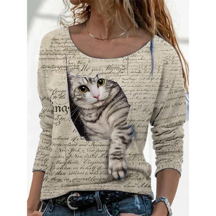 Women Clothes Autumn Casual Tops Fashion Funny Blouse Shirt Vintage Long Sleeve Tee Shirt Cat Print Ladies Tops