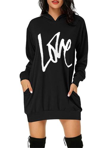Women Letter Love Printed Hooded Buttocks Pocket Fashion And Comfortable mini Dress vestidos casual robe