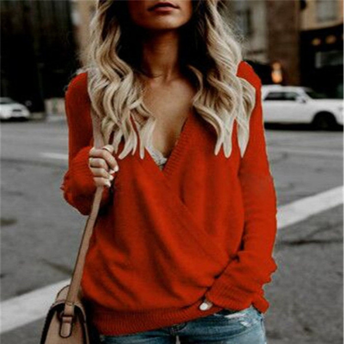 Sexy V neck cross knit sweater women jumper Pullovers Fashion long sleeve loose basis  Tops female sweater
