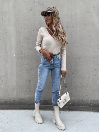 Sexy Fall Winter V Neck Solid Color Long Sleeves Tops Fashion Women Simple Pullover Casual Top Elegant Slim Streetwear Lady Tops