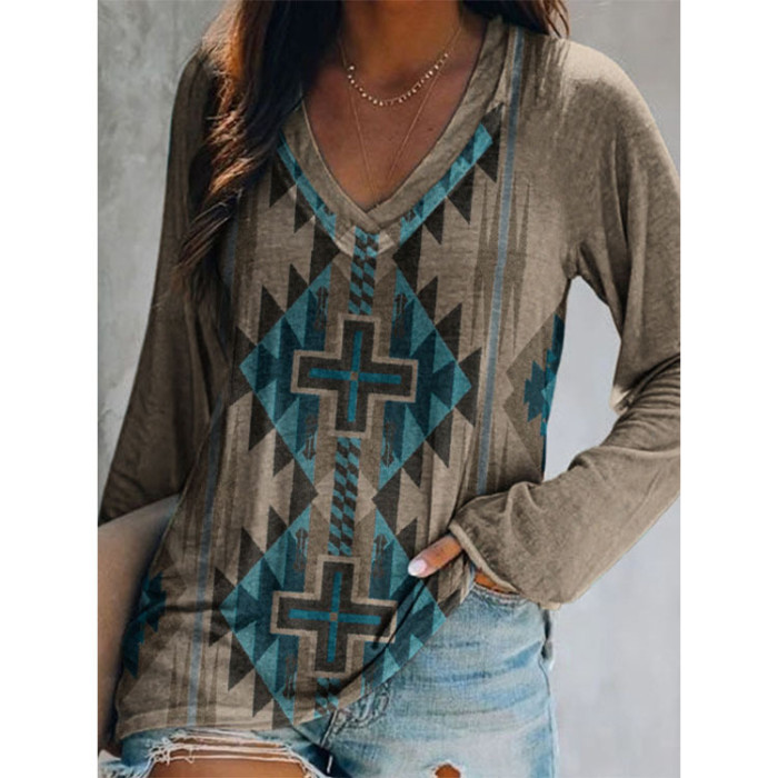 African Tribal Ethnic Aztec Pattern Long Sleeve Plus Size Loose Blouse for Women Vintage Female Clothes
