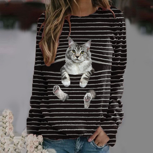 Woman Tshirts Plus Size Graphic T Shirts Women Plus Size Long Sleeve 3D Cat Printed O-Neck Tops Tee T-Shirt Mujer Camisetas