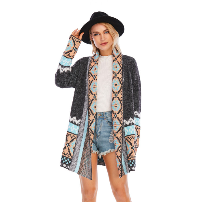 Women's Colorful Boho Sweater Blue Color Knitted Open Front Spring Autumn Cardigan With Fringe Tassel And Pockets