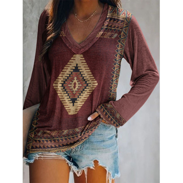 African Tribal Ethnic Aztec Pattern Long Sleeve Plus Size Loose Blouse for Women Vintage Female Clothes