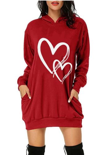 Casual Hoodie Dress Ladies Double Love Printed Hooded Buttocks Pocket Fashion And Comfortable Dress Mini Dress Vestidos