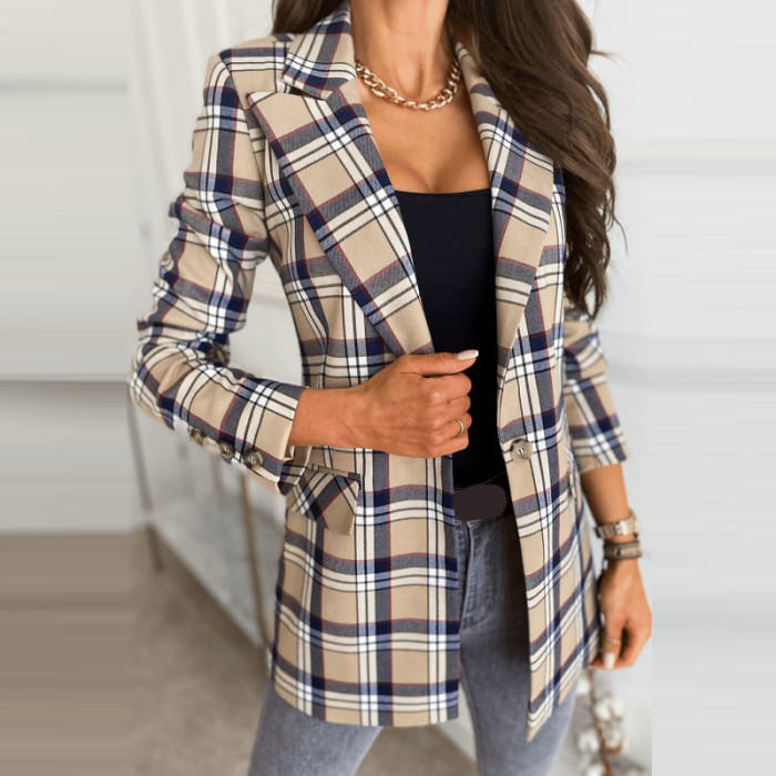 Women Printing Plaid Blazers Notched Single Button Slim Blazer Long Sleeve Pockets Office Lady Tops Elegant Casual Autumn Winter