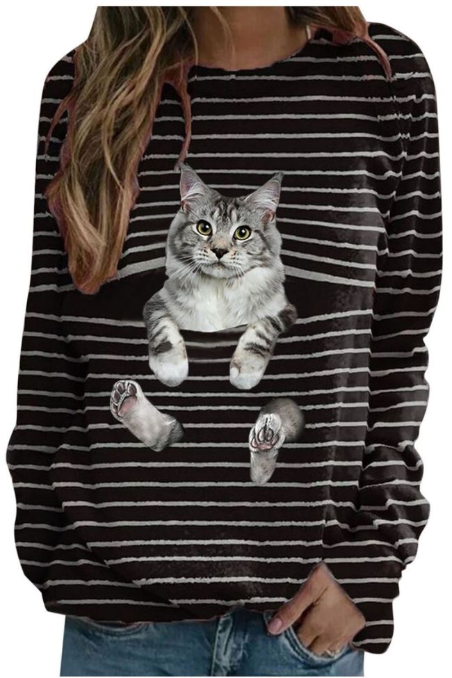 Woman Tshirts Plus Size Graphic T Shirts Women Plus Size Long Sleeve 3D Cat Printed O-Neck Tops Tee T-Shirt Mujer Camisetas