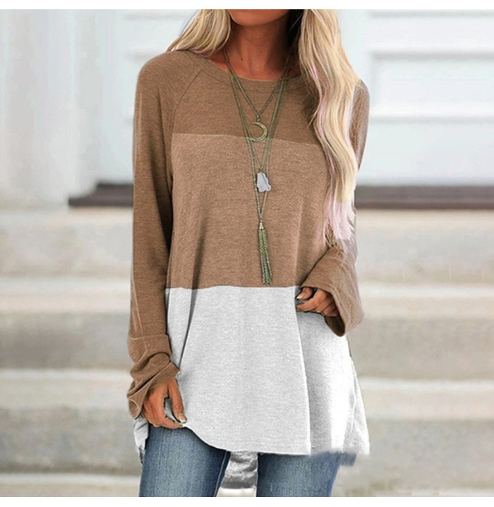 Women Long Sleeve Color Stitching Casual Oversized Tops