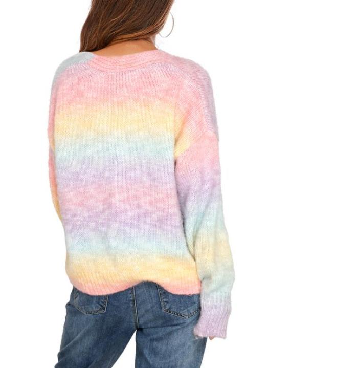 Fashion Colorful Winter Sweaters Casual Autumn Pullover O Neck Long Sleeve Jumper Knitwear Rainbow Striped Ladies Sweater