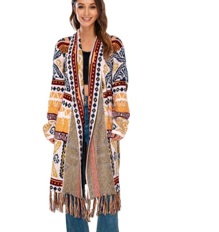 European and American Spring and Autumn Women's New Retro Tassel Cardigan Jacket Loose Long-sleeved Bohemian Knitted Sweater