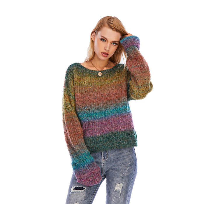 Rainbow Color Striped  Loose Causal  Long Sleeve O-Neck Breathable Pullover Sweater Soft Female Knit Jumpers for Spring