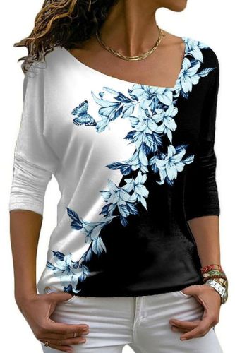 2021 New Fashion Casual Flower Print Diagonal Collar T-Shirt Women Long Sleeve Pullover Tops Tee Clothes Autumn Lady Streetwear