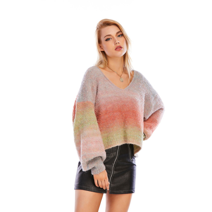 Rainbow Color Striped  Loose Causal  Long Sleeve V-Neck Breathable Pullover Sweater Soft Female Knit Jumpers Top for Spring