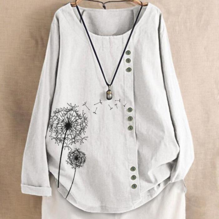 Dandelion Print Blouse Women Clothing Casual Loose Button Cotton Linen Plus Size Daily Tanic Shirt Blouse Summer Tops