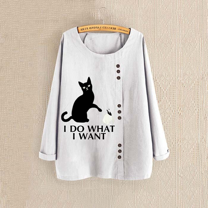 Fashion O-neck Cat Printing Long Sleeve Button Tops