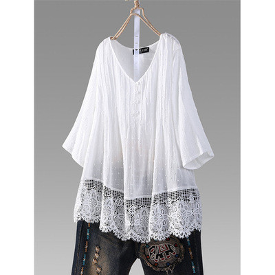Women's White Blouse Casual Plus Size Tops Elegant V-Neck Long Sleeve Tunic Summer Autumn Floral Print Women's Shirt