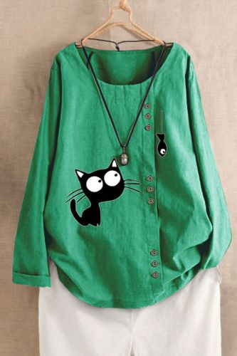 Women Spring Summer Fashion Korea Style Oversized Long Sleeve Cotton Linen Fabric Cat and Fish Printing Cute Tshirt Casual Tees