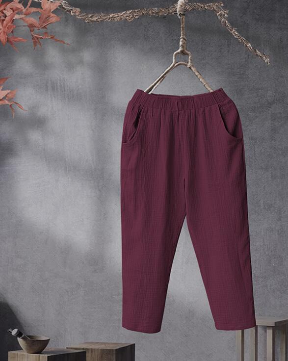 2021 Solid Color Ankle-length Pants Big Pocket Casual Pants New Elastic Waist Loose Thin Summer Autumn Cotton and Linen