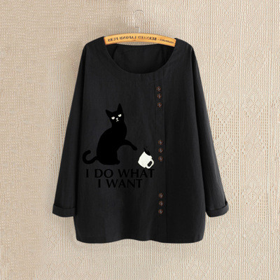 Fashion O-neck Cat Print Blouse Women Letter Printting Long Sleeve Button Shirt Tops And Blouses Casual Plus Size Street Blouse