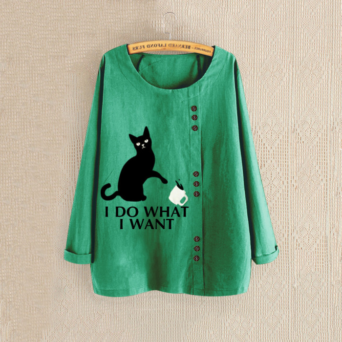 Fashion O-neck Cat Printing Long Sleeve Button Tops
