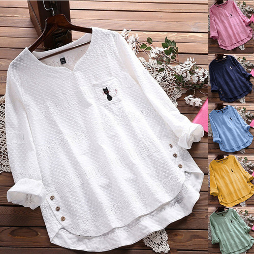 Pullover Women's T-shirt Fashion Long Sleeve O Neck Loose Casual 2021 Spring Autumn Cotton and Linen Full Patchwork