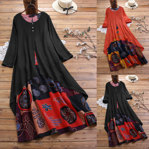 M-5XL Plus Size Dress Women Summer Long Sleeve Vintage Printing Patchwork Elegant Dress Cotton And Linen Maxi Long Dresses