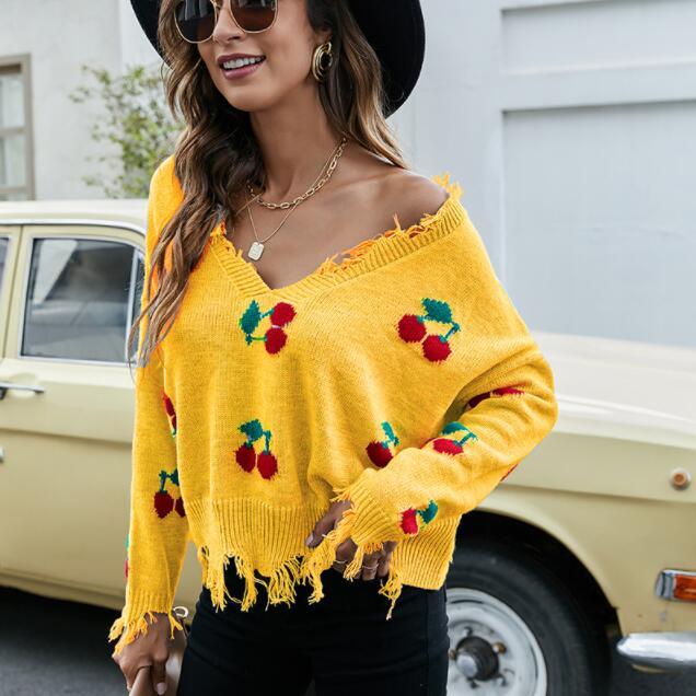 Women V neck Embroidery Casual Sweaters