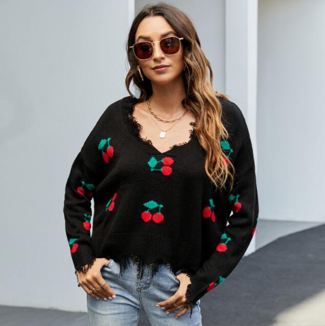 Women 100%  V neck Wool Knitted Cherry Embroidery Long Sleeves 2 Colors Casual Style Thin New Fashion
