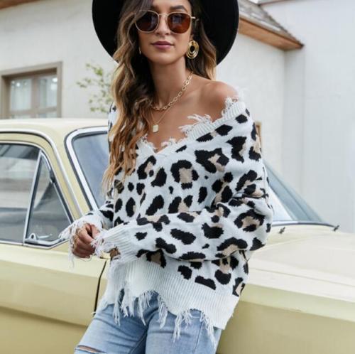 Women V-Neck Leopard Print Ripped Loose Knitwear