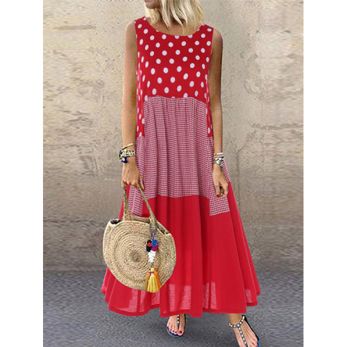 Women's Summer O-Neck Print Solid Color Loose Cotton Dress
