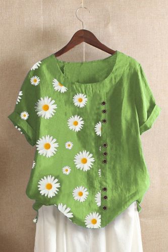 Cotton Linen Daisy Print Casual Summer T-shirts