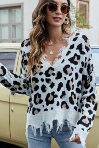 Women Long Sleeve Knitted Sweater Sexy V-Neck Leopard Print Ripped Loose Tops Autumn Winter Pullover Jumper Streetwear