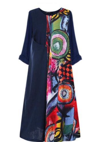 2021 New Casual Printed Dress Korean Version Round Collar Long Sleeve Women Dress