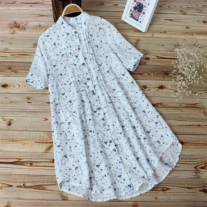 Spring Summer Short Sleeve Blouse Women Vintage Floral Print Single Breasted Shirt Blouse Cotton Linen Womens Tops and Blouse