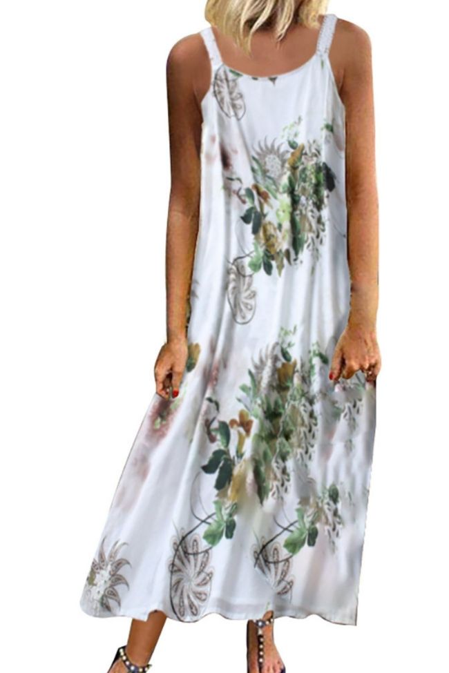 Floral Print Women Long Dress Cold Shoulder Sleeveless O Neck Plus Size A-line Dress Bohemian Casual Maxi Dress