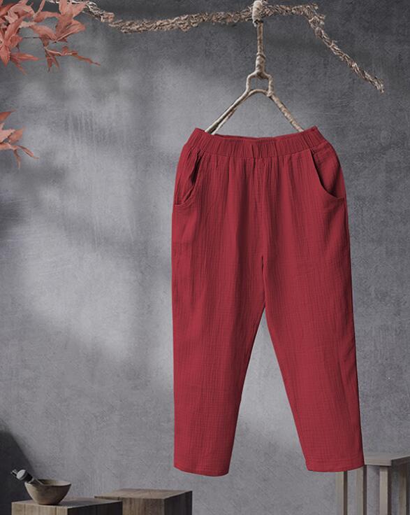 2021 Solid Color Ankle-length Pants Big Pocket Casual Pants New Elastic Waist Loose Thin Summer Autumn Cotton and Linen