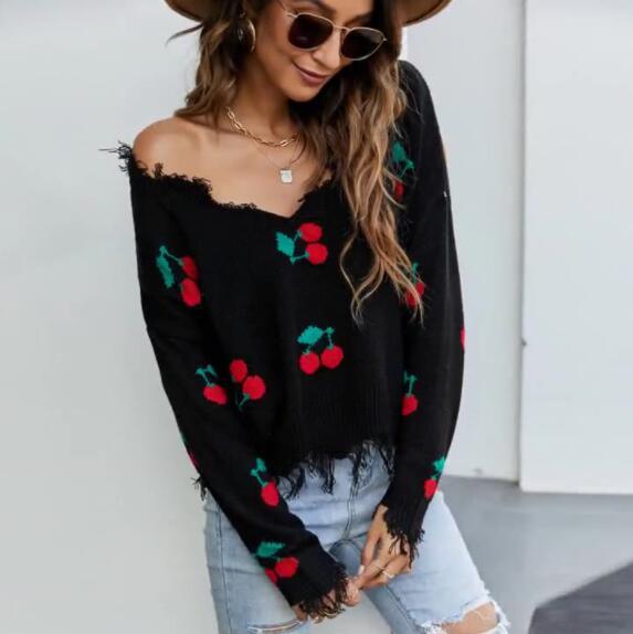 Women 100%  V neck Wool Knitted Cherry Embroidery Long Sleeves 2 Colors Casual Style Thin New Fashion