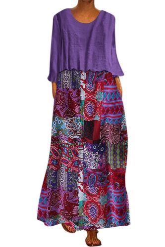 New design Plus Size Fashion Women Vintage Two Pieces Autumn Long Dress Ethnic Print Long Sleeve O-Neck Maxi Dress