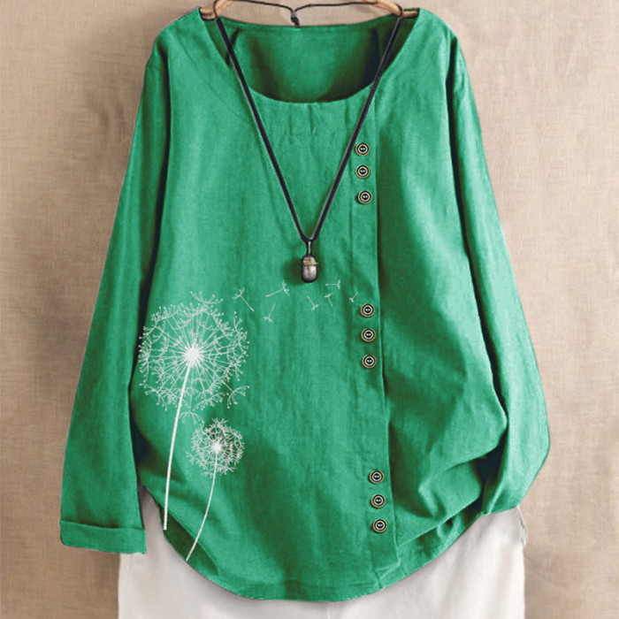 Dandelion Print Blouse Women Clothing Casual Loose Button Cotton Linen Plus Size Daily Tanic Shirt Blouse Summer Tops