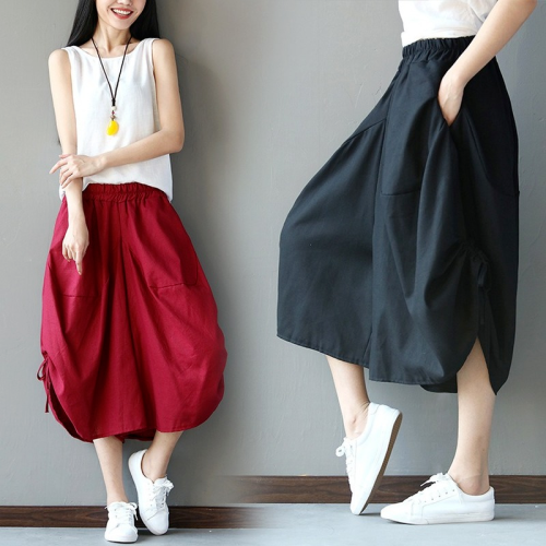 2021 Summer New Style Cotton and Linen Women's One-size Casual Pants Ethnic Bloomers Wide-leg Cropped Trousers Korean Style