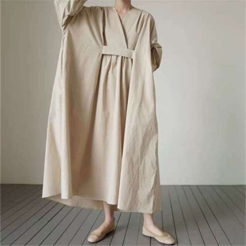 2021 Autumn New Korean V-neck Full Sleeve  Solid Color Dresses Women Casual Loose Pockets Female Dress