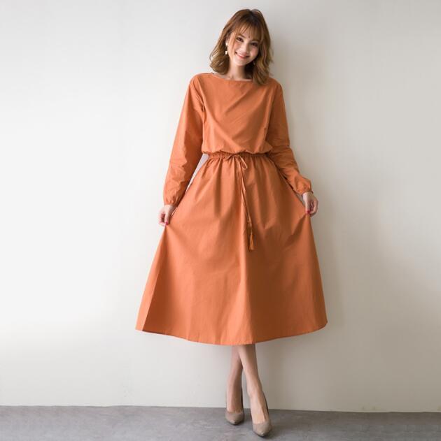 Women Spring Autumn Fashion Long Sleeve Elastic Waist Large Size High Quality Cotton Linen Lady Korean Solid Color Simple Dress