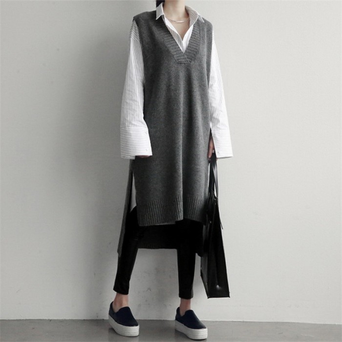 Woman Knitted V-neck Thickened Mid-length Sweater Vest