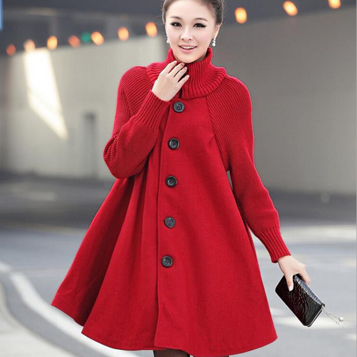 Autumn Winter Clothes Loose plus Size Long Woolen Cape Coat Women knitted Sleeve Patchwork Single breasted Wool Overcoat