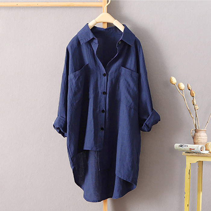 Womens Shirts Vintage Ladies Cotton Tunic Casual Long Sleeve Shirt Button Cardigans Female Solid Turn Down Pocket Loose Top