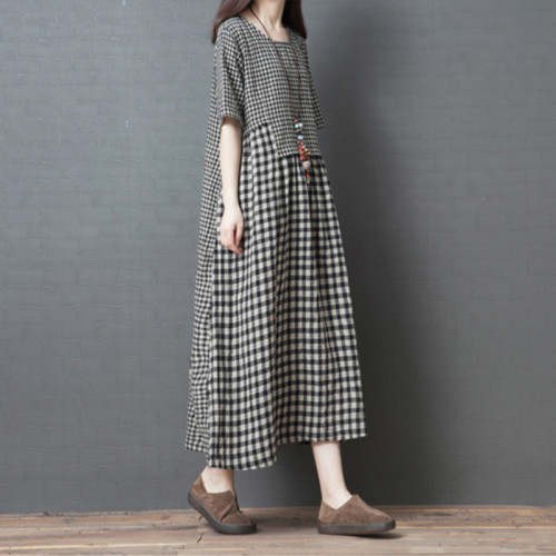 Fashion New Short Sleeve Irregular Patchwork Plaid Cotton Linen Dress