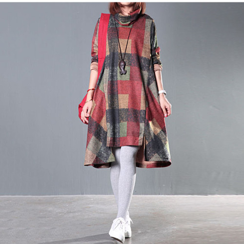 Women Plaid Dress Plus Size Women Clothing Spring Autumn Turtleneck Literary Vintage Asymmetric Mori Girl Long Sleeve Dress