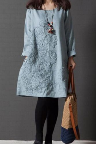 Spring New 2021 Women dress National Style Embroidery long-sleeved dresses cotton linen vestidos A line robe femme free shipping