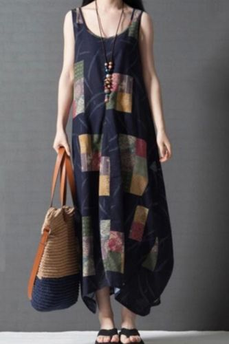 2021 Summer New Women's Ethnic Style Loose Plus Size Cotton Linen Printed Long Dress Seeveless Vest Dress Retro Femme Robe aq628